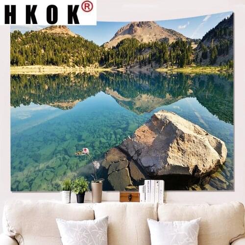 HKOK Lake Forest Reflection Landscape Tapestry Hanging Covering Rugs Background Cloth Beach Mat Blanket Bedroom Living Home Dec