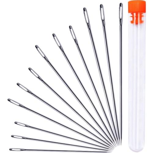 LMDZ 12 PCS Stainless Steel Hand Large Eye Sewing Needles Hand Stitching Needles with Plastic Bottle for Sewing Act Supplies