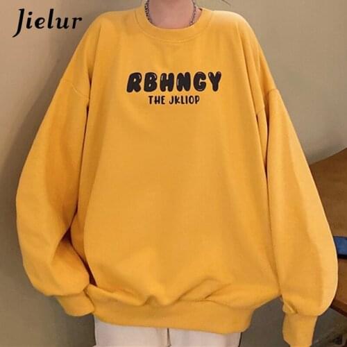 Jielur Autumn Purple White Yellow Hoodies Female M-XL Oversize Lovely Cartoon Sweatshirt O-neck Women Pullovers Thin Loose Top