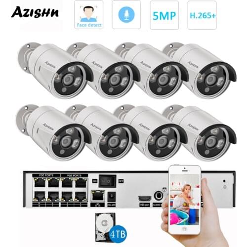 AZISHN H.265 8CH 5MP POE Security Camera System Kit Face Detect Audio Record IP Camera Outdoor CCTV Video Surveillance NVR Set