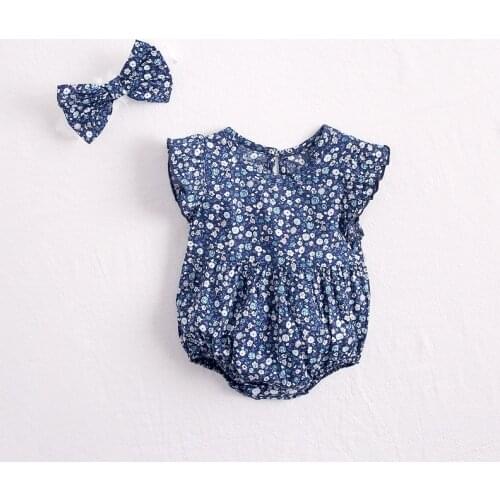 Fashion Baby girls summer Floral printing Flying Sleeve romper Cotton Siamese clothes bow Hairband set 2pcs