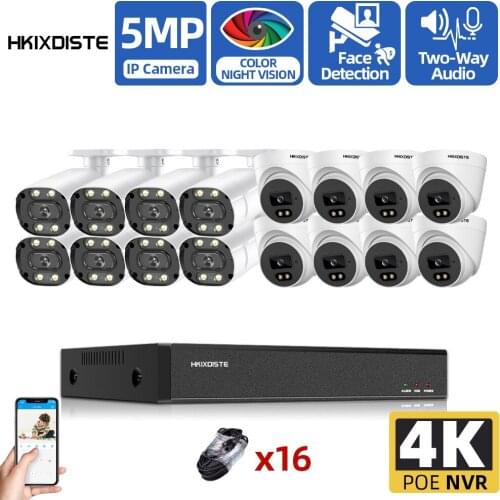 HKIXDISTE HD 5MP Security Camera Kit Outdoor IP66 Waterproof Colorful Night Vision IP Camera POE CCTV System 4K 16CH POE NVR