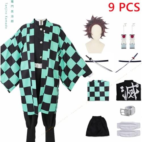 Anime Demon Slayer Kamado Tanjirou Cosplay Costume Kimono Kimetsu no Yaiba Katana Tanjirou Earrings Wig Cape Cloak Uniform Set