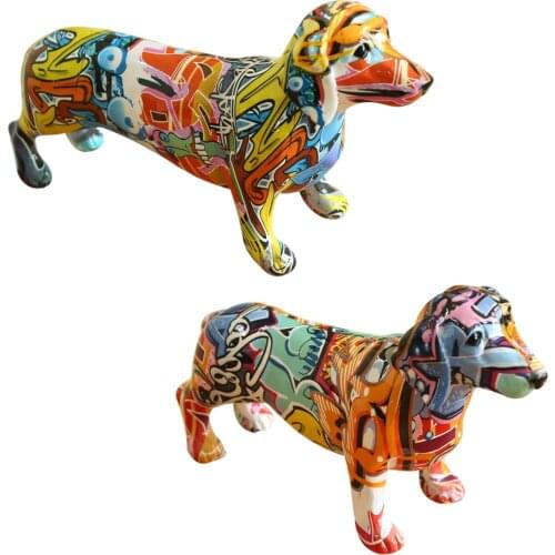 Painted Colorful Dachshund Statue Dog Crafts Office Desktop Decoration