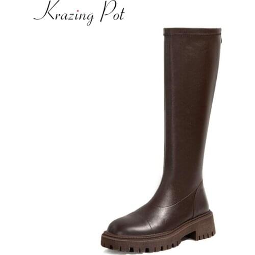 Krazing Pot riding boots genuine leather high quality round toe thick med heel back zip dating beauty lady knee-high boots L9f3