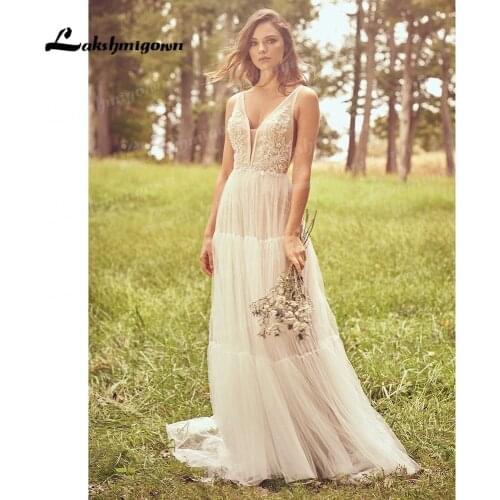 Lakshmigown Vintage Weddding Dresses Bohemian V Neck A-Line Sweep Train Off the Shoulder Lace Bridal Gowns 2021 Custom Plus Size