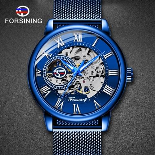 FORSINING Skeleton Mechanical Watch Blue Mesh Strap Business Mens Watches Top Brand Fashion Casual Clock reloj