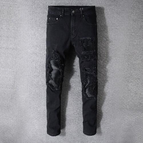 High Quality Jeans Men Patchwork Slim Fit Stretch Denim Biker Jeans For Motorcycle Casual Skinny Patch Ripped Distressed Pant