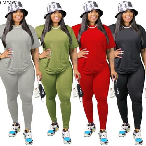 CM.YAYA New Active Wear Solid Womens Set Short Sleeve T-shirt Jogger Pants Suit Tracksuit Sport Two Piece Set Fitness Outfit