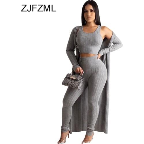 Autumn Winter 3 Piece Matching Set Women Tank Crop Top+Pencil Pant+Maxi Open Stitch Sweatsuits Casual Ribbed Three Piece Outfits