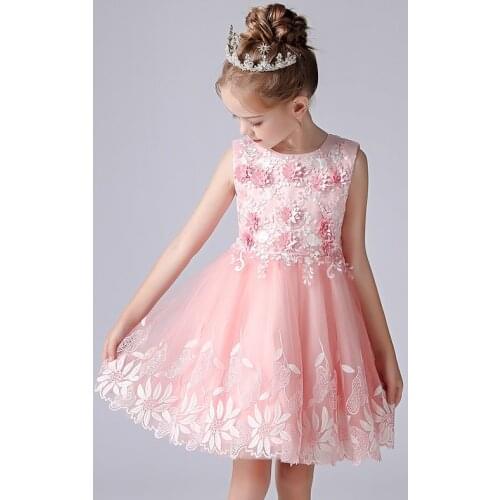 Kid Girl Dress O-neck Sleeveless Floral Bowknot Lace Mesh Ball Gown Clothes Pleats Ruching Princess Summer Party Dresses Costume