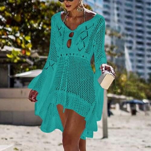 2020 Beach Cover Up Crochet Knitted Tassel Tie Beachwear Tunic Long Pareo Summer Swimsuit Cover Up Sexy See-through Beach Dress