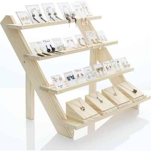 Jewelry Display Tray Earring Stand Display Rack Rings Solid Wood Holder Organizer Shelf