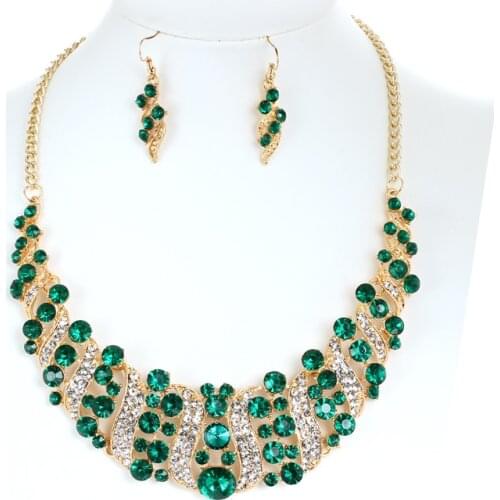 Luxury green rhinestone crystal short choker statement necklace earrings engagement gem stone jewelry sets for women