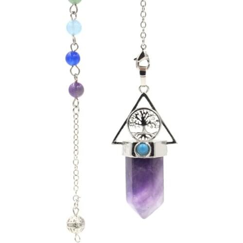 Seven Chakras Crystal Hexagon Pillar Tree Life Pendant Reiki Natural Stone Pendulum Dowsing Wicca Pointed Pendule Amulet Jewelry