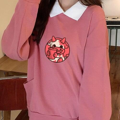 Harajuku Sweatsuit Kawaii Dairy Cow Cotton Casual Pullover Jumper Long Sleeve for Teen Gift Women Aesthetic Sweatshirt Pink Tops