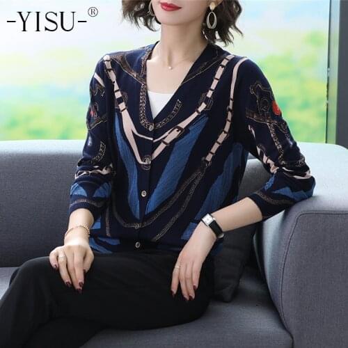 YISU Autumn Winter Long-sleeved V-neck Knitted Cardigan Sweater Women Fashion print Sweater cardigan Coat Thin cardigan Women