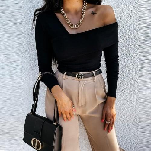 Women Skew Collar Off Shoulder Black Slim Blouse Long Sleeve Casual Autumn Blouse 2021 Chic Solid Color Office Female Spring Top