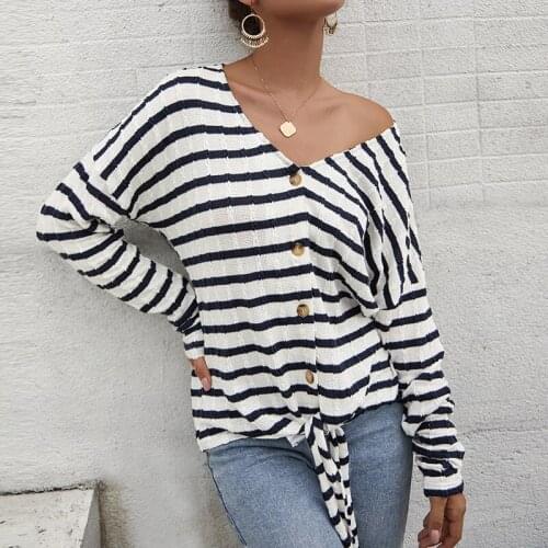 Womens loose casual knitted cardigan striped single breasted autumn long sleeved sweaters sexy v-neck loose home lounge clothes