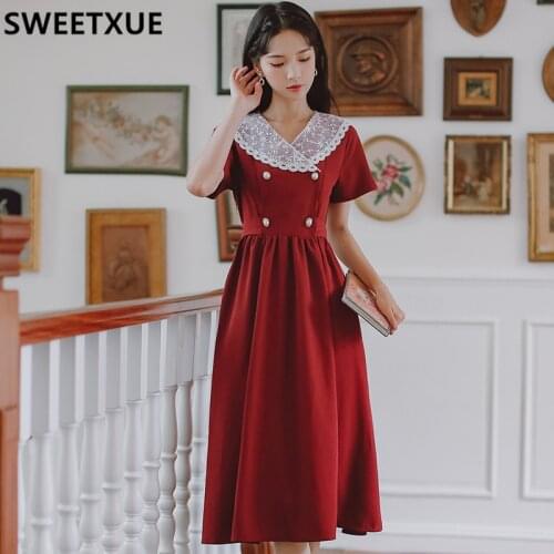 SWEETXUE Double Breasted Dress French Navy Collar Lace Patchwork Fashion Casual Women Summer Vintage Elegant Everyday Dress