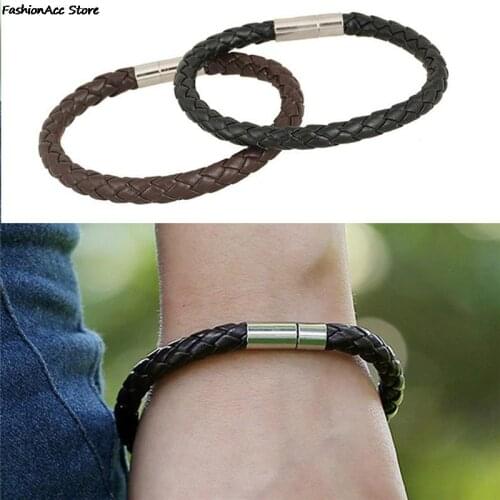 1Pcs Wristband Men Leather Cord Bracelet Bangle Leather Bracelet For Men Rope Braided Jewelry Stainless Steel 20cm/7.87inch