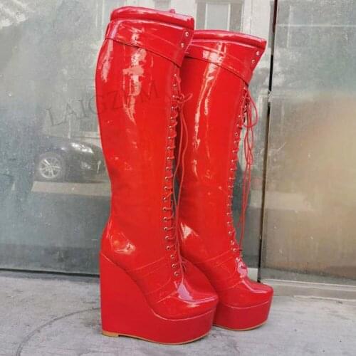 BERZIMER Women Knee High Boots Lace Up Wedges High Heels Boots Unisex Female Ladies Female Shoes Woman Big Size 39 43 44 45 47 5