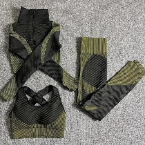 Seamless Women Yoga Set 3 Pieces Gym Clothing High Waist Leggings Sports Suits Running Outfit Sportswear Fitness Tracksuit