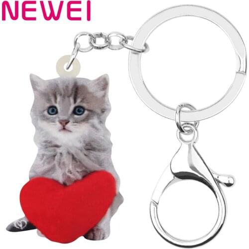 NEWEI Acrylic Valentines Day Heart Cat Key Chains Ring Animal Keychain For Women Girl Teen Bag Car Purse Decoration Charms Gift