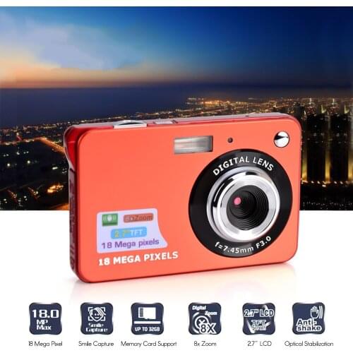 18MP Digital Camera Mini Pocket Camera with 2.7 Inch LCD Screen 8X Zoom Smile Capture Anti-Shake Camcorder Support TF card