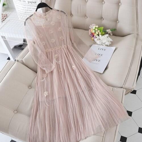 Elegant Women Flare Sleeve Pleated Bling Rhinestone Lace Flower Ruffles Pleated Tassels Dress Elastic Slim Mesh Gauze Midi Dress
