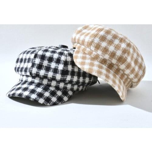 British Peaked Cap Plaid Octagonal Hat Female Autumn Trend Japanese Newsboy Hat Summer Shade Painter Hat