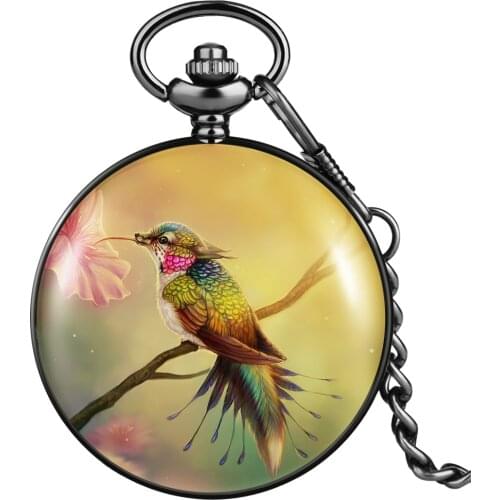 Lightweight Pocket Watch Small Fresh Lovely Hummingbird Pattern Quartz Classic Dial Pendant Thick Chain Clock Holiday Present