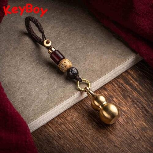 Copper Gourd Key Chain Pendants Jewelry Handmade Braied Rope with Wooden Beads Fashion Car Keychain Lanyard Keyring Hanging Gift