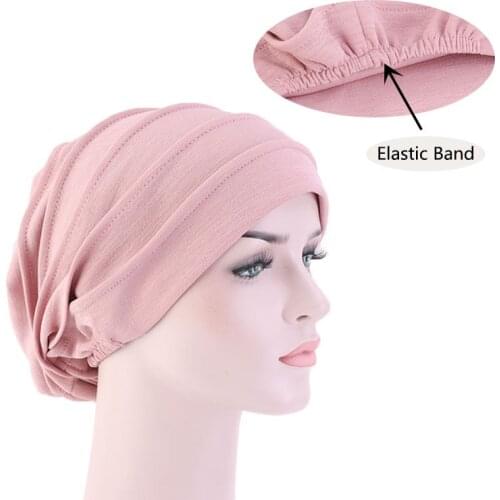 Fashion Women Beanie Caps Muslim Solid Color Cotton Turbante Stretch Crinkle Hijab Bonnet Ladies Hair Loss Cancer Chemo Cap