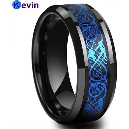 Mens Wedding Band Black Tungsten Carbide Ring With Black Carbon Fiber And Blue Dragon Inlay Width 8MM Comfort Fit