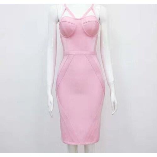 Wholesale Sexy Mini Straps Women Bodycon Club Bandage Dress Pink Color Evening Party Dresses