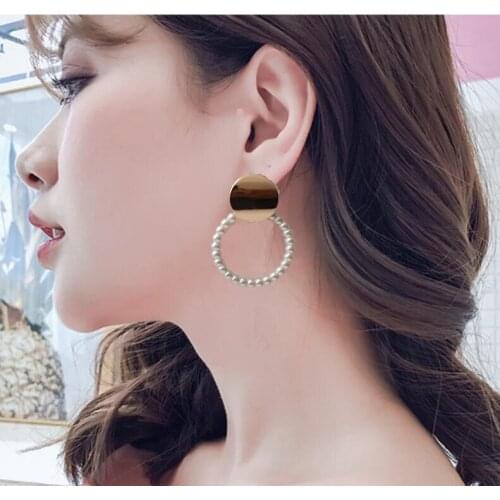 PPG&PGG Women Faux Pearl Earrings Retro Large Circle Lady Luxury Earrings Jewelry Geometric Round Metal Statement Earings