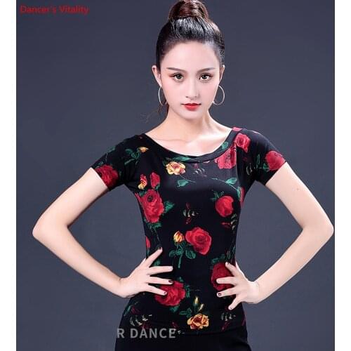 Professional Latin Dance Tops Adult Female Short Sleeved Print Practice Clothes Women Ballroom Dance Stage Performance Costumes