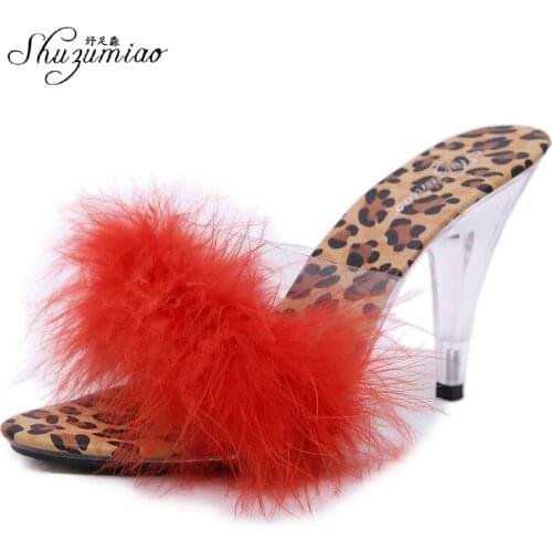 Shuzumiao Women Sandals 2020 Ladies Summer Slippers Women High Heels Sandals Fashion Leopard Print Fur Flip-flops Large Size 43