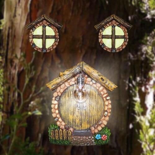Fairy House Door LED Lighting Garden Ornament Resin Yard Miniature Adorable Tree Door Sculpture Vintage Elf Tree House Decor