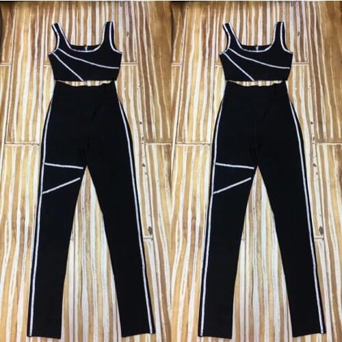Women Ladies Black Pants Crop Top Set Long Pants 2 Piece Set Outfits Casual Bandage Bodycon Pencil Pants Wholesale