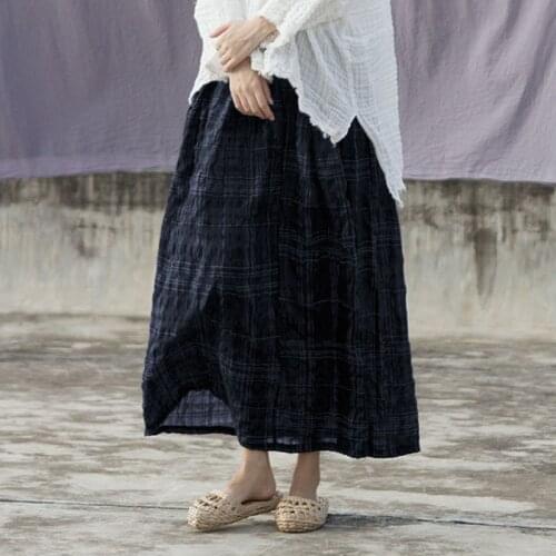 Johnature Ramie Plaid Vintage Skirts Women Elastic Waist 2020 Spring New A-Line Casual Women Skirts