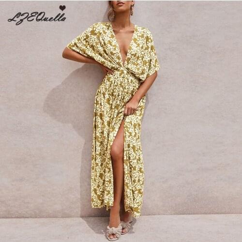 LZEQuella 2021 Summer Fashion Boho Print Deep V Neck Split Dress Women Holiday Loose Beach Sundress Vestidos NZ3291