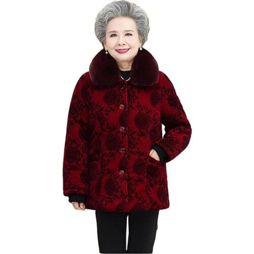 Grandma cotton coat autumn winter plus velvet thick parka jacket women elderly clothes women winter fur collar overcoat 5XL