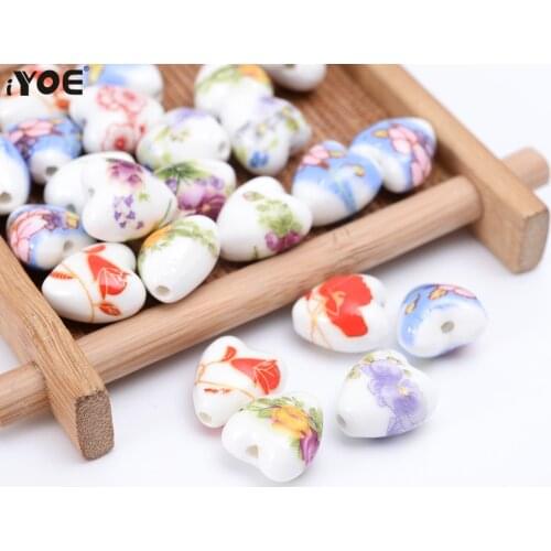 10/30/50pcs 12x13mm Blooming Flower Ceramic Beads Printing Porcelain Heart Beads for Jewelry Making Keychain Necklace Pendant