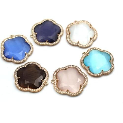 10pcs Flower Shape Blue Pink Cats Eye Stone Pendants Charms CZ Paved for DIY Women Necklace Earrings Jewelry Making