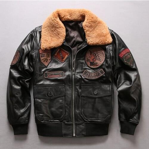 2020 Men Black Goatskin Leather Pilot Jacket Wool Collar Men Winter Thick Short Slim Fit Aviator Jacket Winter Coats