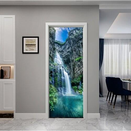 3D Waterfall Scenery Door Sticker PVC DIY Self Adhesive Waterproof Wallpaper for Doors Living Room Bedroom Poster Home Decor