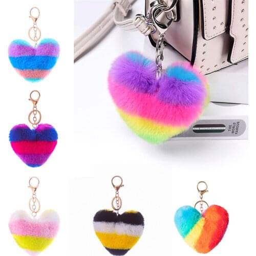 Heart Pompoms Keychain Rainbow Plush Balls Key Chains Decorative Pendant For Women Bag Car Accessories Keychains Fashion Keyring
