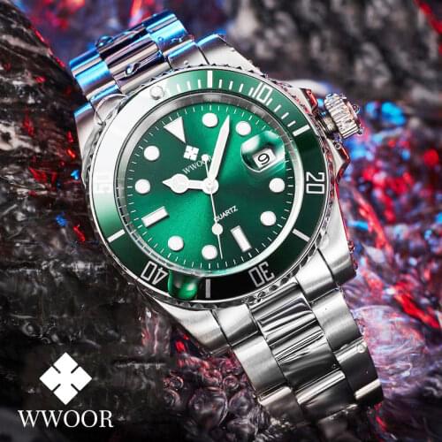 WWOOR Men Watches 2020 Luxury Full Steel Waterproof Automatic Date Watch Men Green Quartz Diving Sports Wrist Watch Reloj Hombre